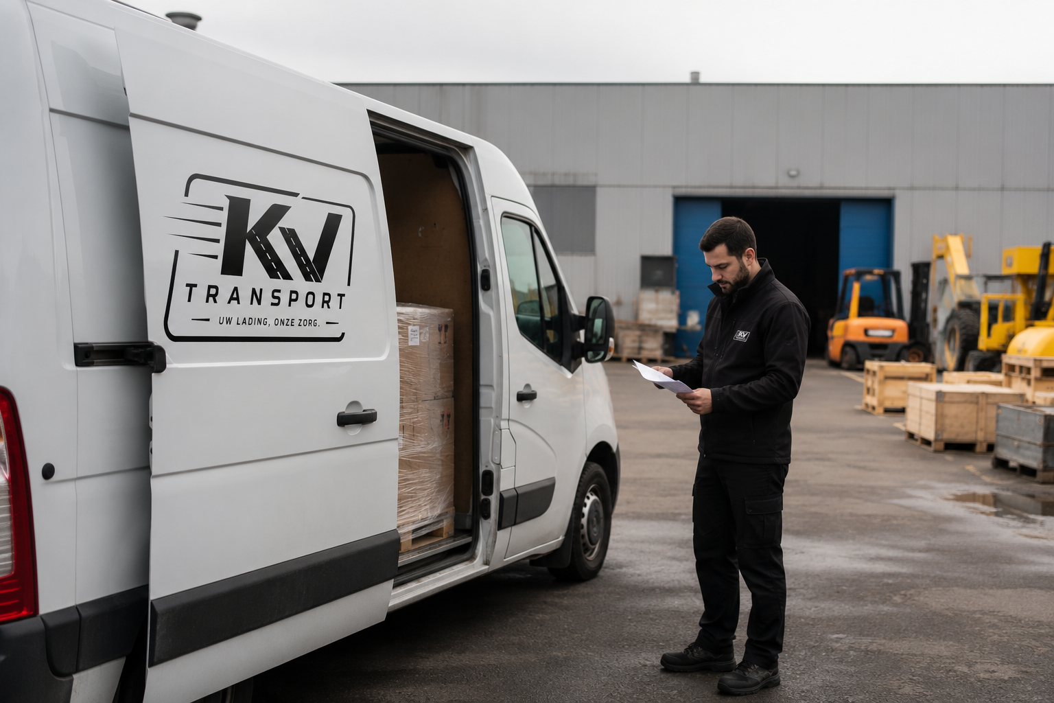 KV Transport controleert een levering naast een geladen bestelwagen